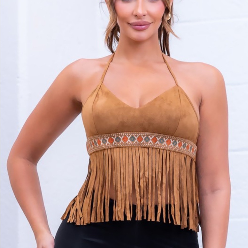 New Fringe Halter Faux Suede Top - Camel Tan Brown Size S M or L